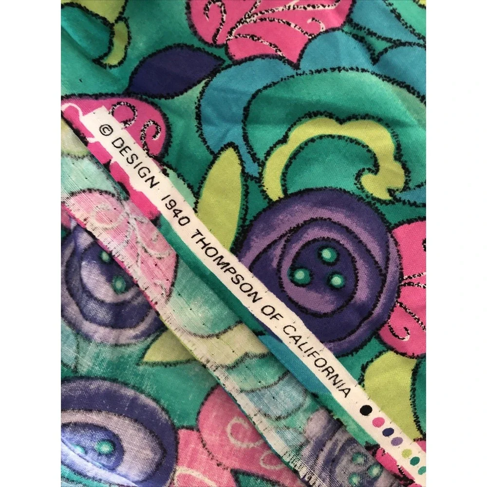 Vintage THOMPSON OF CALIFORNIA Floral Fabric Turquoise Purple Pink 4.5 Yards